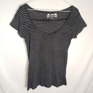 Poof! Grey black striped wide neck tee shirt